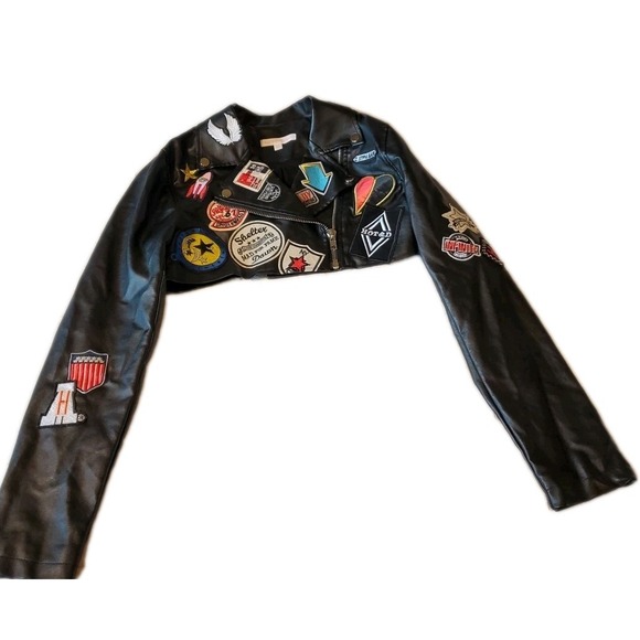 Hot & Delicious Faux Leather Jacket SMALL Cropped Punk Biker Patches Moto - Picture 8 of 16